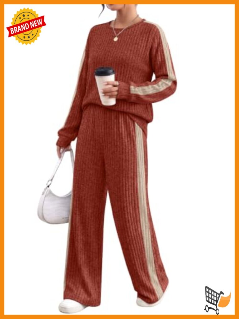 Two Piece Lounge Set Long Sleeve Wide Leg Pant Ribbed Knit Womens 2 Piece Outfit